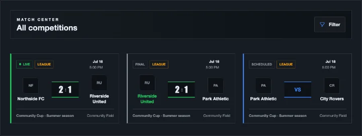 Example Footament fixtures with live, completed and scheduled matches